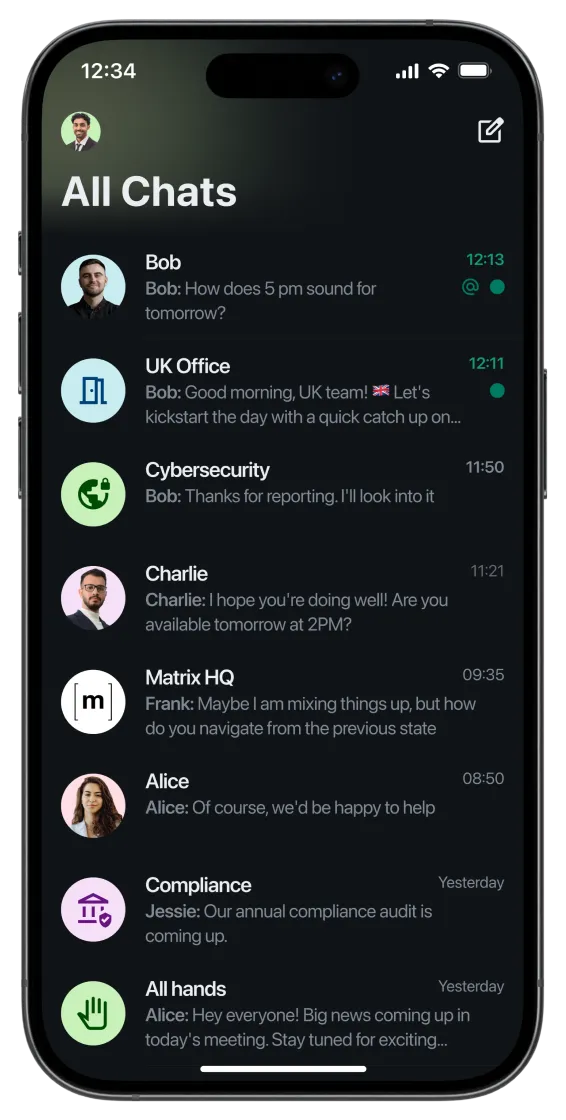Element dark-theme chat list illustration