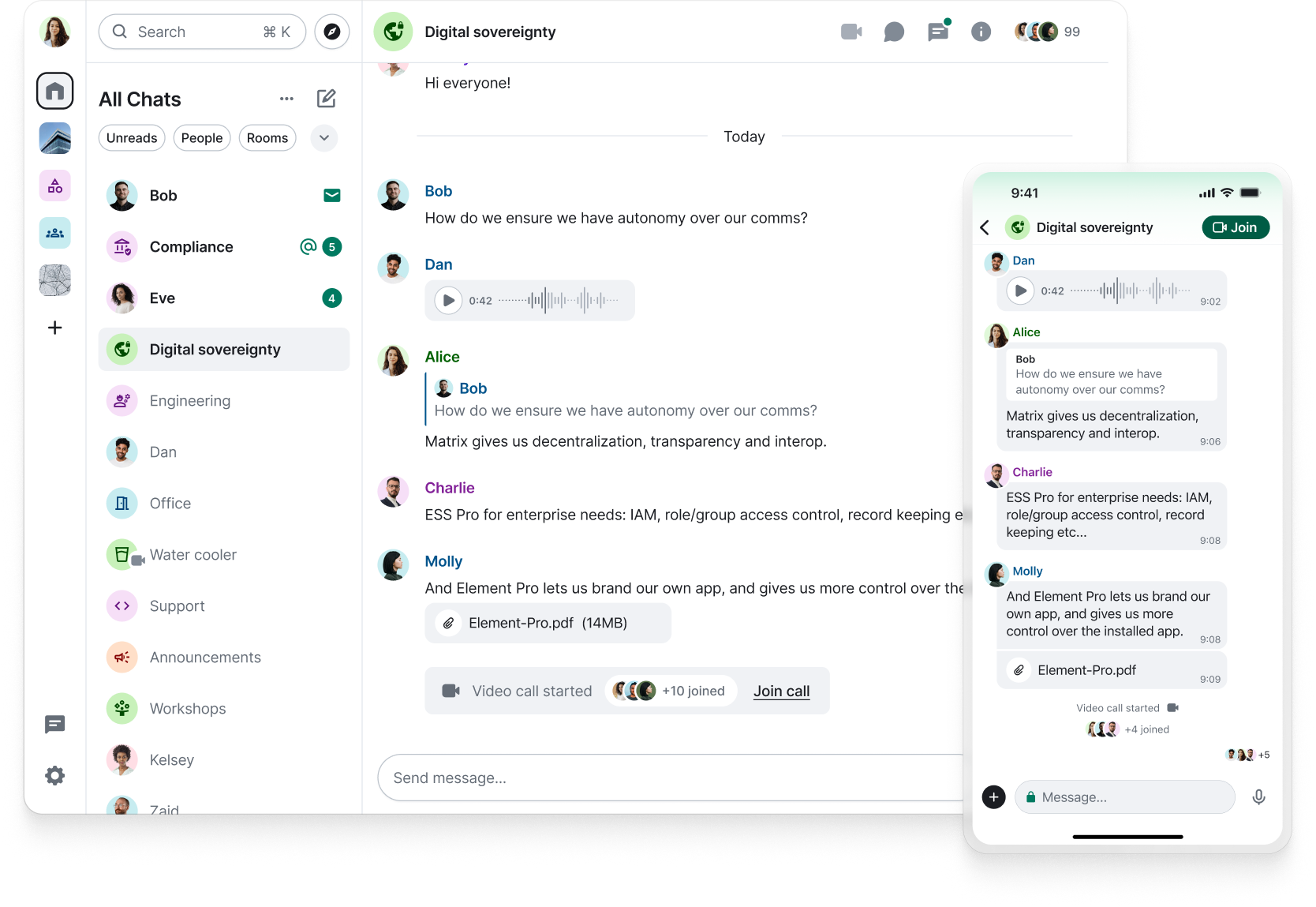 Element product illustration showing desktop and mobile chat with team rooms, messages, voice notes and files.